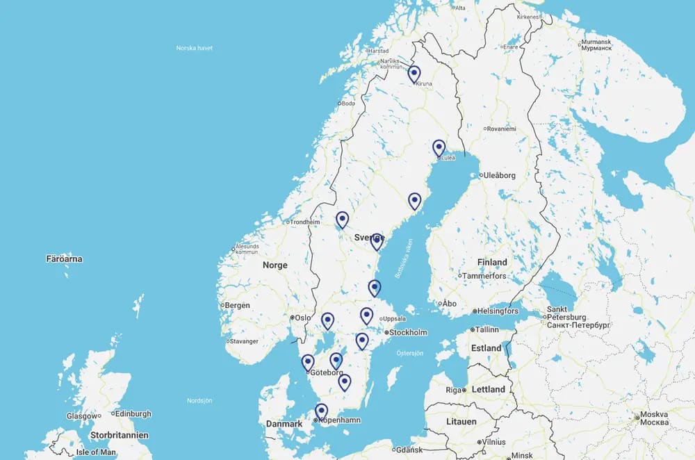 Karta över svenska orter som Flyttmeter har guider för